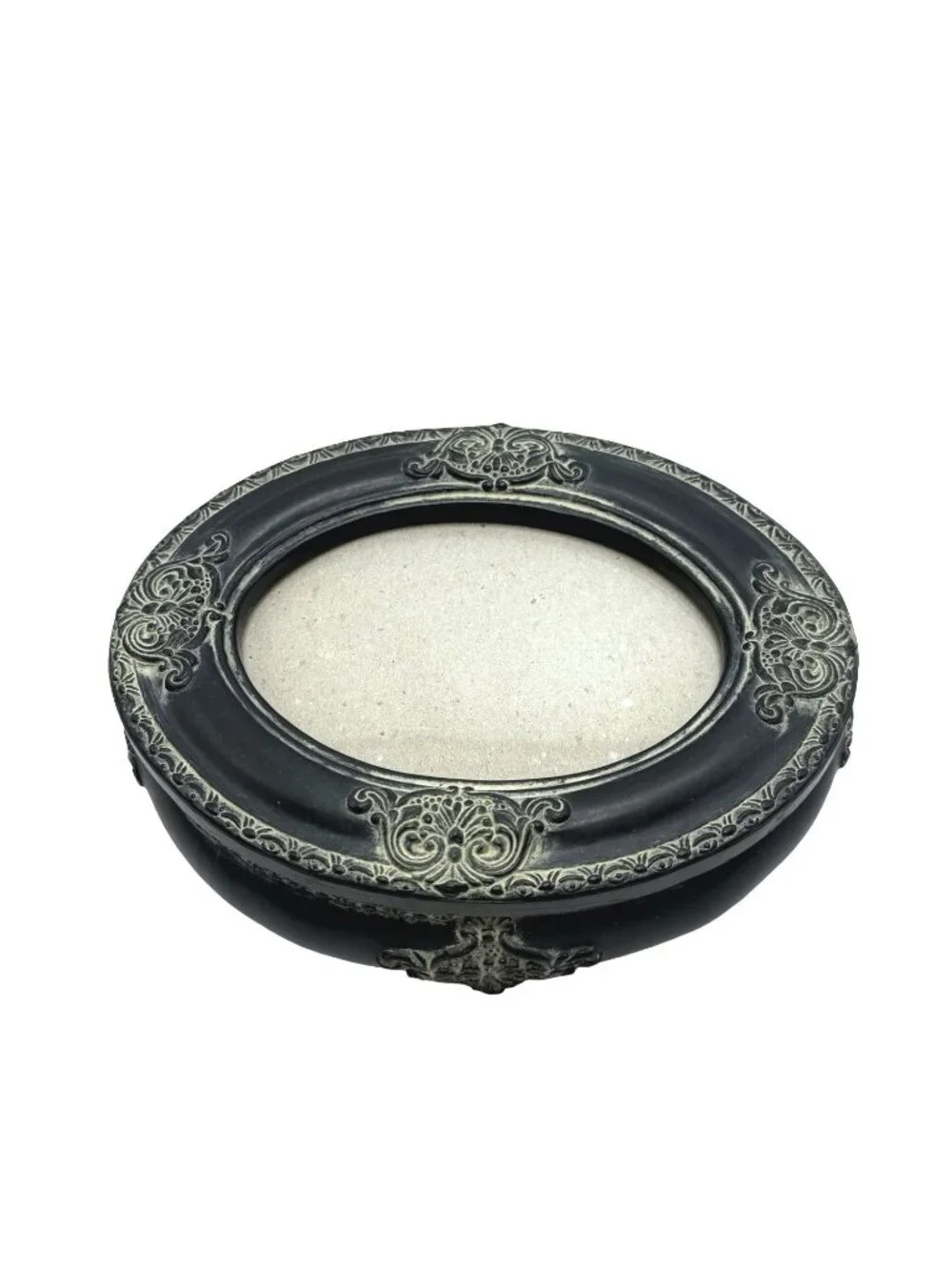 Vintage Black Oval Picture Frame Trinket Box Ornate Detailing, Velvet Interior